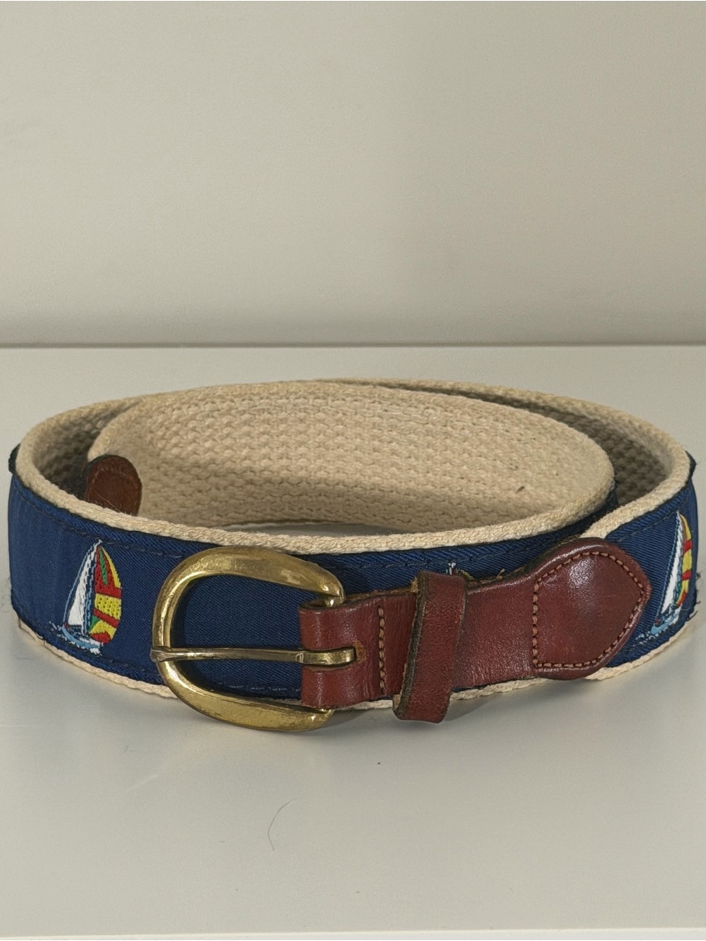 LL Bean fabric leather and brass sailboat belt unisex length approx 31”